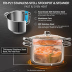 AuFranc® 6 Quart 18/10 Stainless Steel Tri-ply Stockpot and Steamer with Tempered Glass Lid, Multipurpose Steamer Pot Compatible with All Cooktops, Non-Toxic Soup Pot, Oven & Dishwasher Safe (Silver)