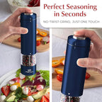 Electric Salt and Pepper Grinder Set - Battery Operated Stainless Steel Mill with Light (2 Mills) - Automatic One Handed Operation - Electronic Adjustable Shakers - Ceramic Grinders Blue