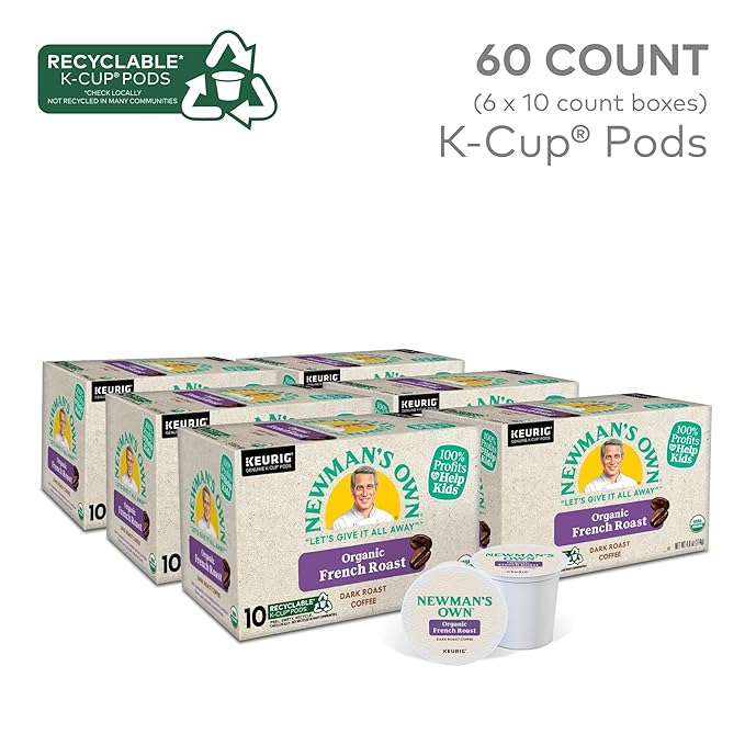 Newman's Own Organic French Roast Coffee, Keurig Single Serve K-Cup Pods, Dark Roast Coffee, 60 Count, (6 Packs of 10)