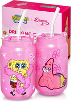 Dragon Glassware x SpongeBob SquarePants 16 oz Drinking Glasses Set of 2 - Glass Cups with Lids and Straws - Iced Coffee Cups with Lids - Reusable Glass Tumbler with Straw and Lid - SpongeBob - Pink