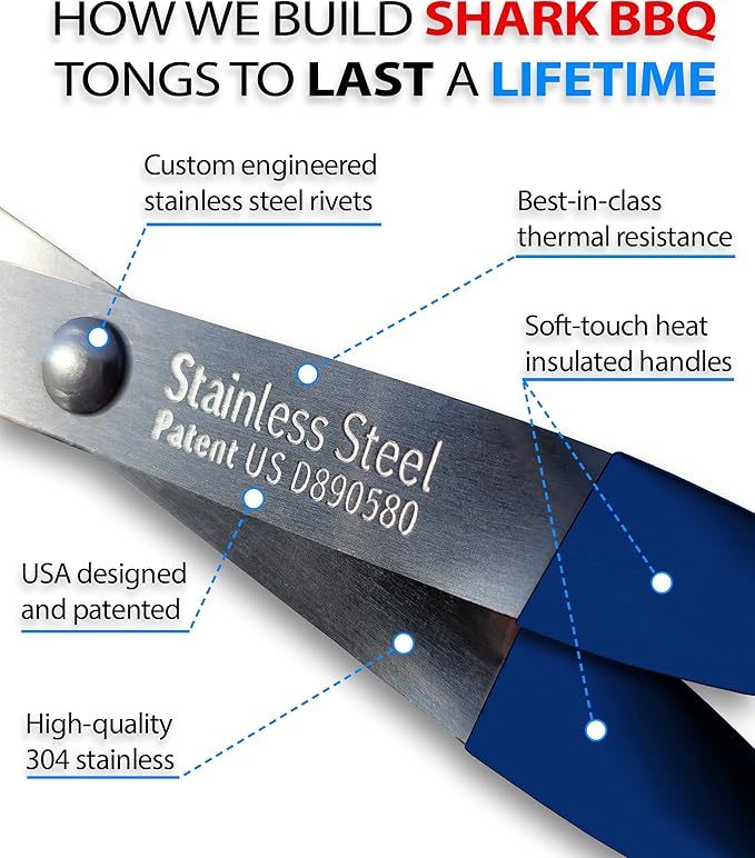 Shark BBQ Grill Tongs for Steaks - 2-Pack 17" & 13" Professional Kitchen and Outdoor Grilling Utensil Set (Blue)
