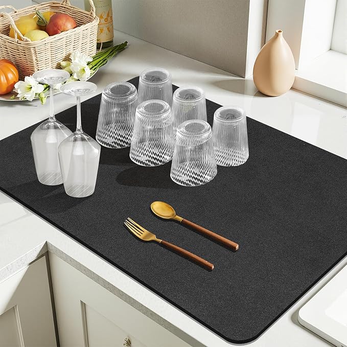 Findosom Dish Drying Mat, 16"x 24" Super Absorbent & Hide Stain Coffee Mat, Cuttable Drying Mat for Kitchen Counter, Coffee Bar Accessories, Under Dish Rack, Coffee Maker, Espresso Machine, Black-2