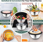 P&P CHEF Mixing Bowls with Lids Set of 3, Stainless Steel Mixing Bowl and Colander for Kitchen, 3 Grater Attachments & Non-Slip Bottoms, Visible & Airtight Lid, Black