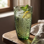 Vintage Green Drinking Glasses Set of 4, 16 oz Handcrafted Glass Tumblers, Heavy Textured Highball Cups, Fern Embossed Antique Colored Glassware, Retro Boho Aesthetic Drinkware, Housewarming Gift Set