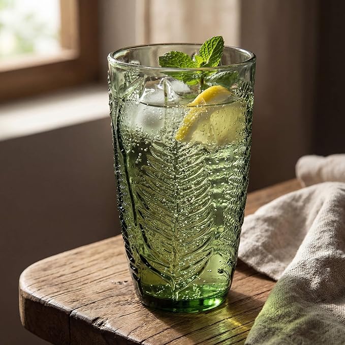 Vintage Green Drinking Glasses Set of 4, 16 oz Handcrafted Glass Tumblers, Heavy Textured Highball Cups, Fern Embossed Antique Colored Glassware, Retro Boho Aesthetic Drinkware, Housewarming Gift Set