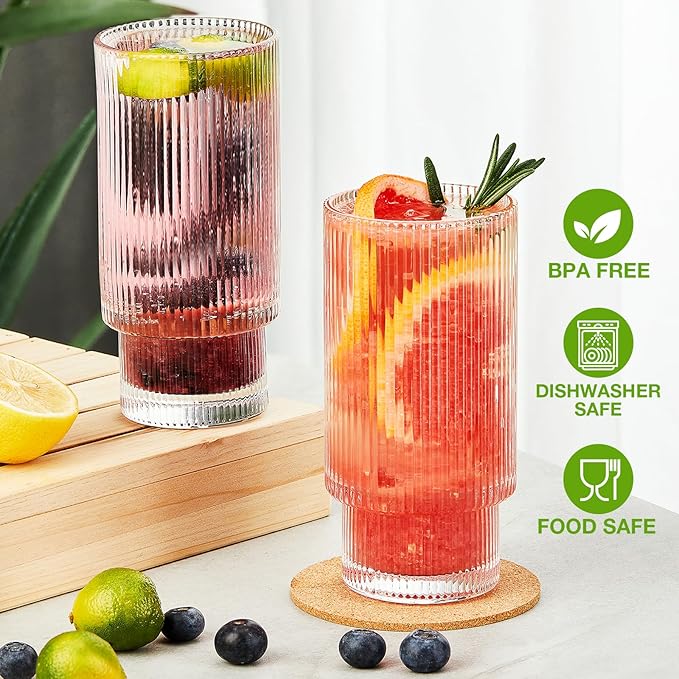 Qipecedm 6 Pack Ribbed Drinking Glasses, 16 oz Vintage Glass Cups, Highball Glasses, Premium Iced Coffee Glasses, Clear Glass Tumbler, Cocktail Glasses, Elegant Glassware for Water Juice Whiskey Beer