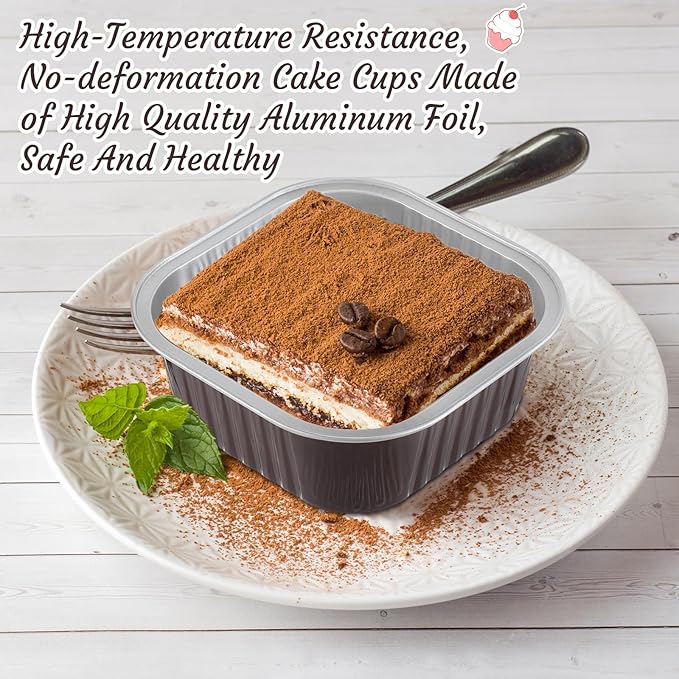 Aoriher 150 Pieces 10 oz Mini Cake Pans with Lids Aluminum Foil Baking Cups Square Disposable 4" x 4" Large Cupcake Cups Baking Tins for Kitchen Brownie Pudding Desserts Holders(Brown)