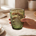 Vintage Green Drinking Glass, 10 oz Hand-Pressed Deep Textured Glass Cup, Fern Embossed Retro Glassware, Decorative Tumbler for Water, Cocktails & Juice, Boho Colored Kitchen Drinkware, Unique Gift