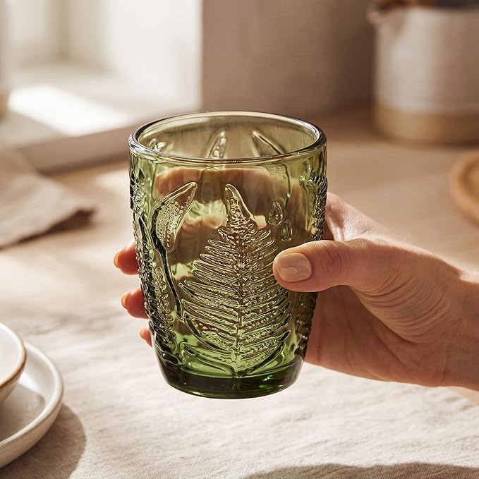 Vintage Green Drinking Glasses Set of 4, 10 oz Handcrafted Deep Textured Glass Cups, Fern Embossed Retro Glassware, Decorative Cocktail Tumblers for Home & Bar, Artisan Made Colored Drinkware Gift Set