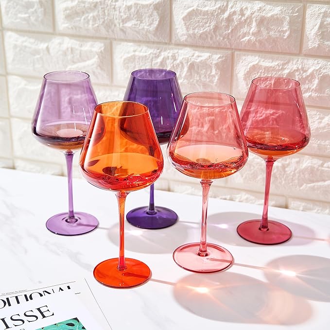 Khen Sunset Colored Crystal Wine Glass Set of 5, Large 20 OZ Glasses, Bright Italian Style Tall Stemmed Drinkware for Red & White Wine, Water Dinner Glasses, Color Beautiful Glassware - (Stemmed)
