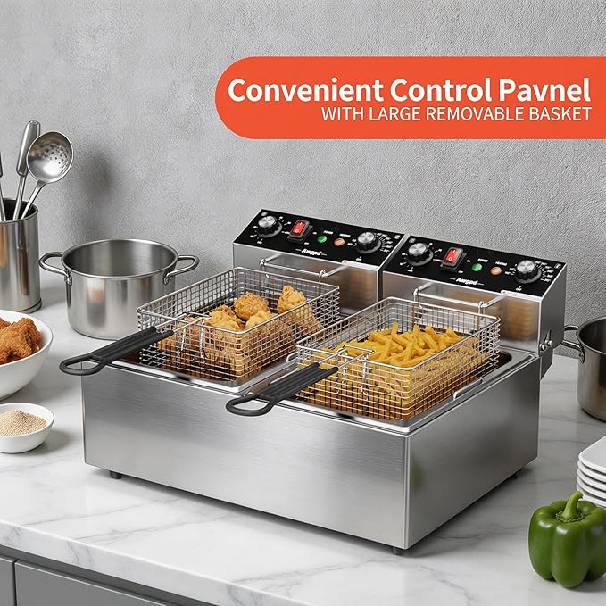 Commercial Deep Fryer, Dual Tank 3400W Electric Countertop Fryer with Basket, 2 x 10L/10.6QT Double Stainless Steel Oil Fryer with Drain, Time & Temp Control, for Kitchen Restaurant Use