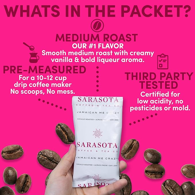 Jamaican Me Crazy Flavored Coffee Packets – Medium Roast Ground, 2oz Bulk Packs for 12-Cup Drip Coffee Maker, Low Acid, Mold Free, 36 Count