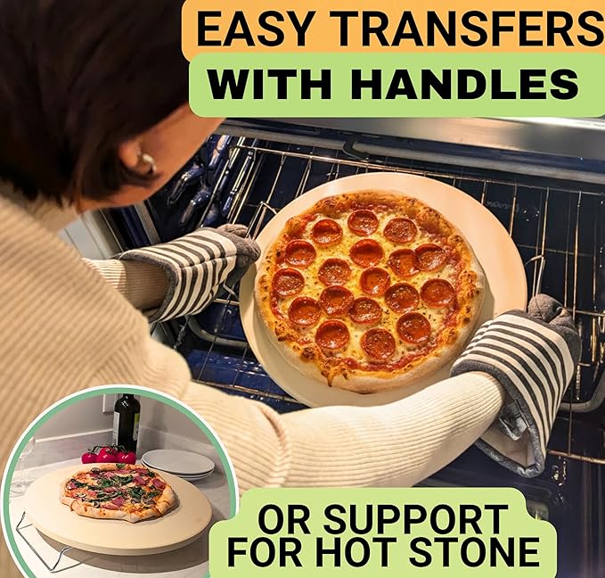 Round Pizza Stone for Oven 16 inch - Large Pizza Stone for Grill with Handles, Metal Pizza Peel & Dough Tool - Baking Stone for Bread - Oven Stones - Pizza Making Set