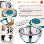 TeamFar 4-1 Colander with Bowl Set, Rotatable Colander for Kitchen, Stainless Steel Food Strainers and Colanders Mixing Bowl with Graters, for Veggies Fruits Washing, Pasta Straining - Blue