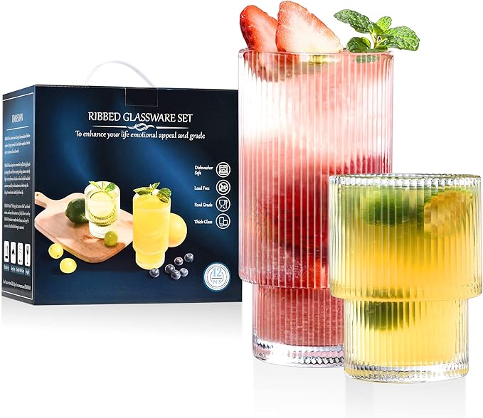 ISMASOAN Small Ribbed Glassware Set of 12, Glass Cups 12 oz and 7 oz, Fluted Glassware, Stackable Glasses, Cups for Kitchen, Gift Box Set