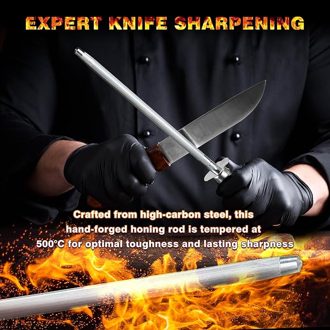 Knife Sharpener Rod, Kitchen Knives Sharpener Carbon Steel Professional Knife Sharpening Steel, Honing Rod with Hanging Holes (13 inches), P