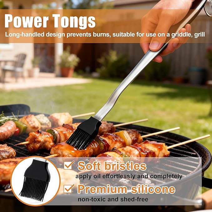 Grilling Accessories, HaSteeL 18in BBQ Grill Accessories Set of 4, Stainless Steel Grilling Tools for Outdoor Barbecue Camping, Heavy Duty Grill Spatula, Tong, Fork, Basting Brush, Gifts for Men