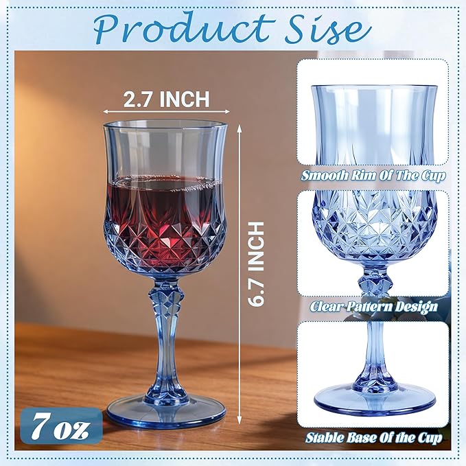 Plastic Wine Glasses, Plastic Goblets Vintage Style Cordial Unbreakable Drinking Glasses， Reusable Drinkware for Wedding Reception, Grand Event Party Supplies(24, Blue)