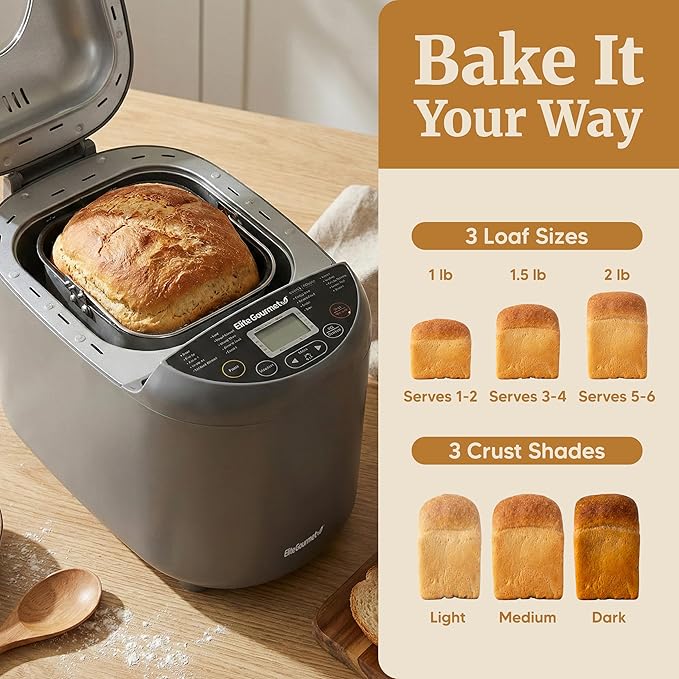 Elite Gourmet Programmable Bread Maker with PFAS-Free CERALAST™ Ceramic Pan, 2 lb Loaf, 19 Presets incl. Gluten-Free, 3 Sizes, Delay Timer, Steel Gray