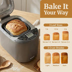 Elite Gourmet Programmable Bread Maker with PFAS-Free CERALAST™ Ceramic Pan, 2 lb Loaf, 19 Presets incl. Gluten-Free, 3 Sizes, Delay Timer, Steel Gray