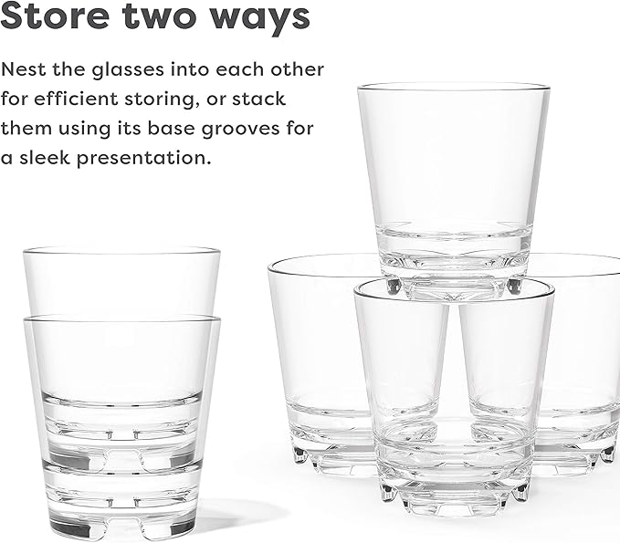 TOSSWARE RESERVE 8oz Stacking Rocks, SET OF 4, Premium Quality, Tritan Dishwasher Safe & Heat Resistant Unbreakable Plastic Whiskey Glasses, Clear