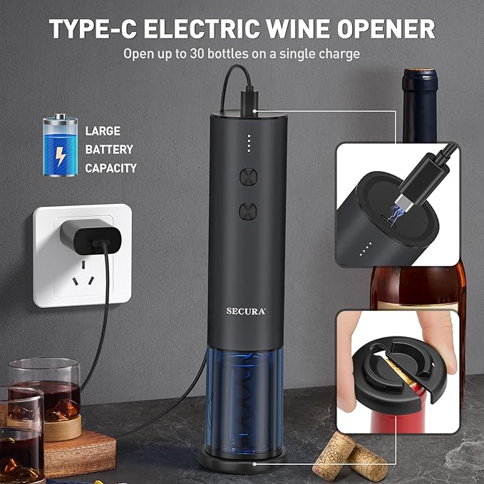 Secura Stainless Steel Electric Wine Opener, Rechargeable Automatic Home Wine Bottle Opener with Foil Cutter & Charging Cable, Reusable Corkscrew Wine Opener Electric for Wine Lovers, Black