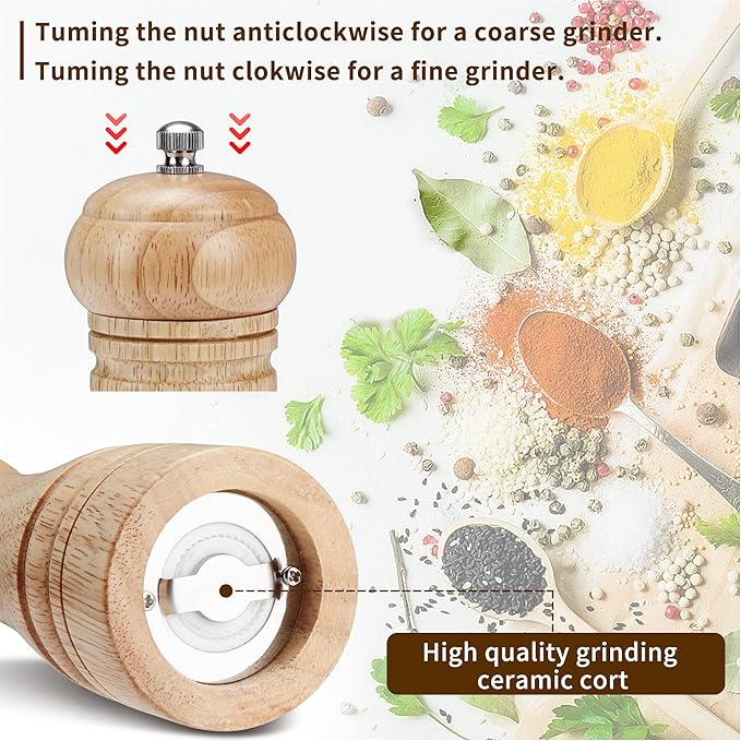 Gulex® Wood Pepper Grinder Pepper Mill,Adjustable Coarseness 8 Inch Wooden Peppermill, Ceramic Grinding Mechanism Salt Mill Refillable (1 pack) (Light-1PC)