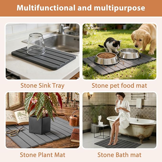 Large Stone Dish Drying Mat for Kitchen Counter, 2 PCS Quick Dry Diatomaceous Earth Dish Mat Set – Foldable Water Absorbing Kitchen Gadgets & Gifts, Home Essentials(Gray Ink 24"×16" & 8"x4")