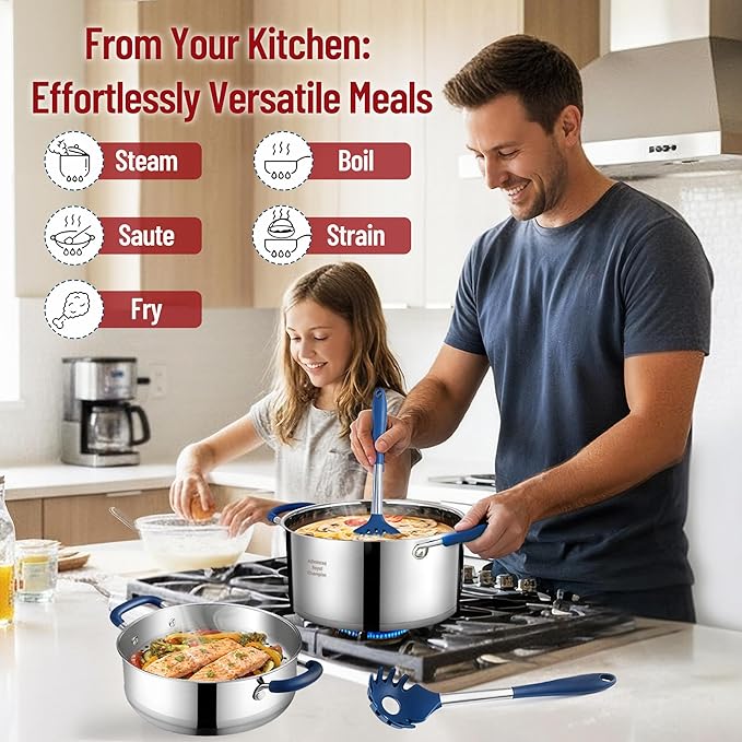 ARC 6QT Stainless Steel Stock Pot w/Steamer Basket, Multi-steamer Pot With Tempered Glass Lid for Cooking, Multipurpose Cookware with Silicone Handle for Veggies, Soup, Seafood, Induction-Ready