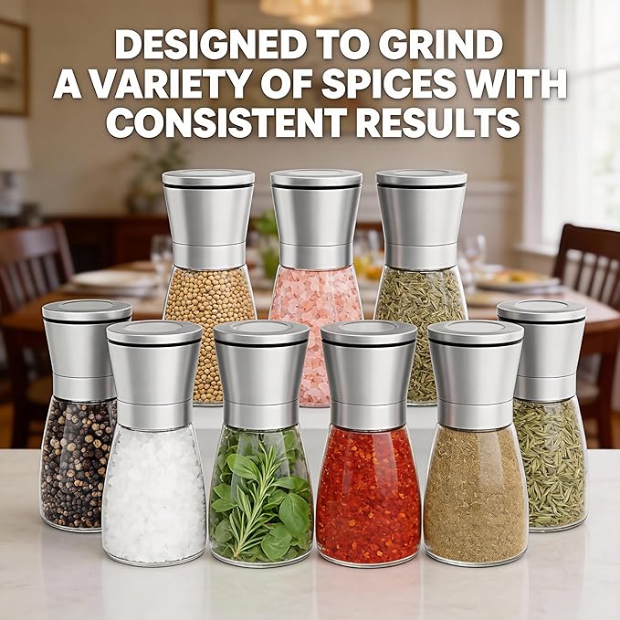 Gorgeous Salt & Pepper Grinder Set — Refillable Stainless Steel & Glass Spice Mill with Adjustable Coarseness — Perfect For Himalayan Or Sea Salts, Fresh Ground Pepper, Or Fresh Spices (2 Pack)