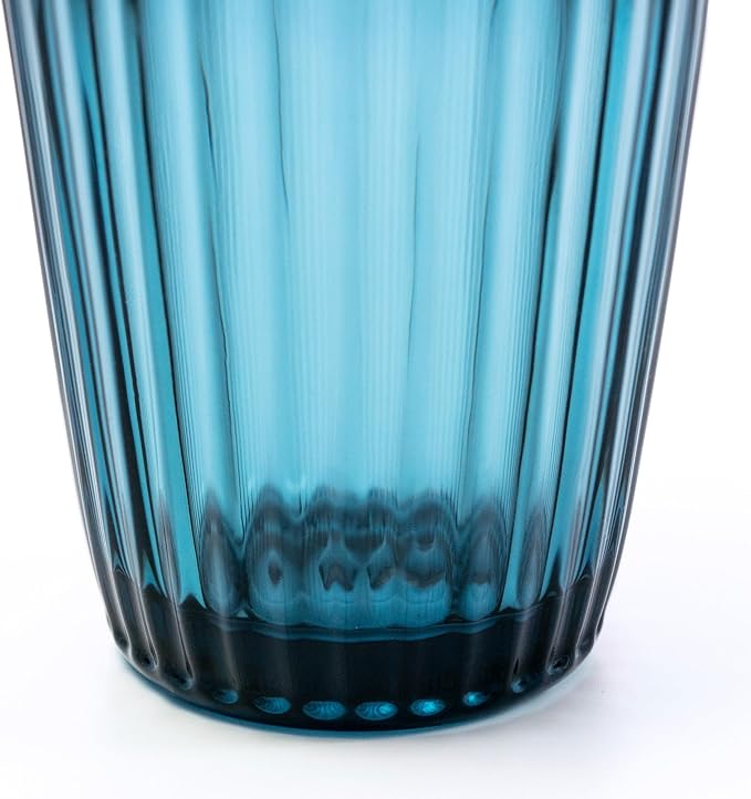 Blue Drinking Glasses Set of 4, 14 oz Ribbed Textured Glass Tumblers, Tall Retro Colored Drinkware for Water & Cocktails, Decorative Highball Glasses for Home & Bar, Modern Vintage Glassware Gift Set