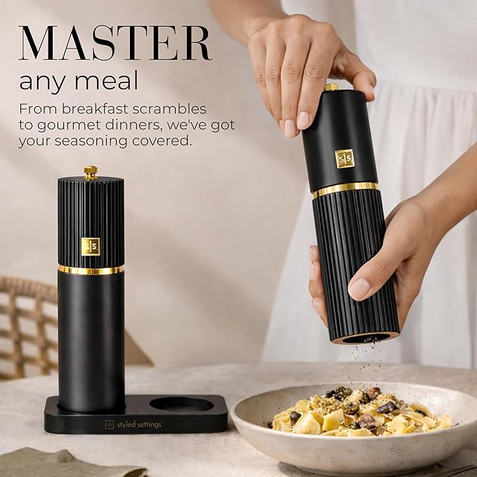 Wooden Salt and Pepper Grinder Set – Refillable Manual Salt and Pepper Mills with Adjustable Ceramic Burrs, Gold Detailing, and Wood Stand – Black