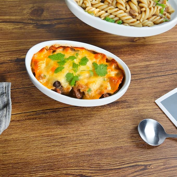 Au Gratin Baking Dishes 7'' x 4'', 12 OZ Ceramic Oval Baking Dish for Single Serving, Individual Casserole Dishes Oven Safe, Set of 4 Oval serving bowl for food, Side Dishes, Salad, Pasta