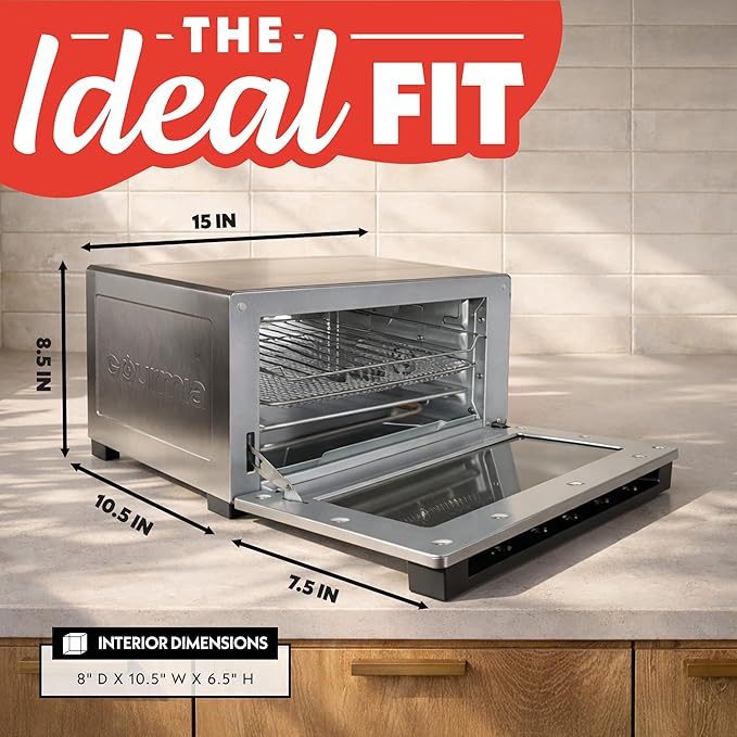 Gourmia Toaster Oven Digital Air Fryer - Convection Mode with 4 Slice Capacity, 3 Rack Positions, 12 Presets, Toast, Bagel, Bake, Roast, Broil, Dehydrate, Popcorn, Fits 9" Pizza, Stainless Steel