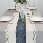 FEXIA Boho Table Runner 108 Inches Long for Home Decor Farmhouse Table Runner Cream & Blue Rustic Macrame with Tassels for Bohemian Dining Bedroom Decor Bridal Shower (12x108 Inches)