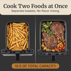 Elite Gourmet Dual Stacked Air Fryer, 10.5 Qt Total Capacity, PFAS-Free Nonstick Baskets, Sync Cook & Sync Finish, 10 Presets, 1700W, Black