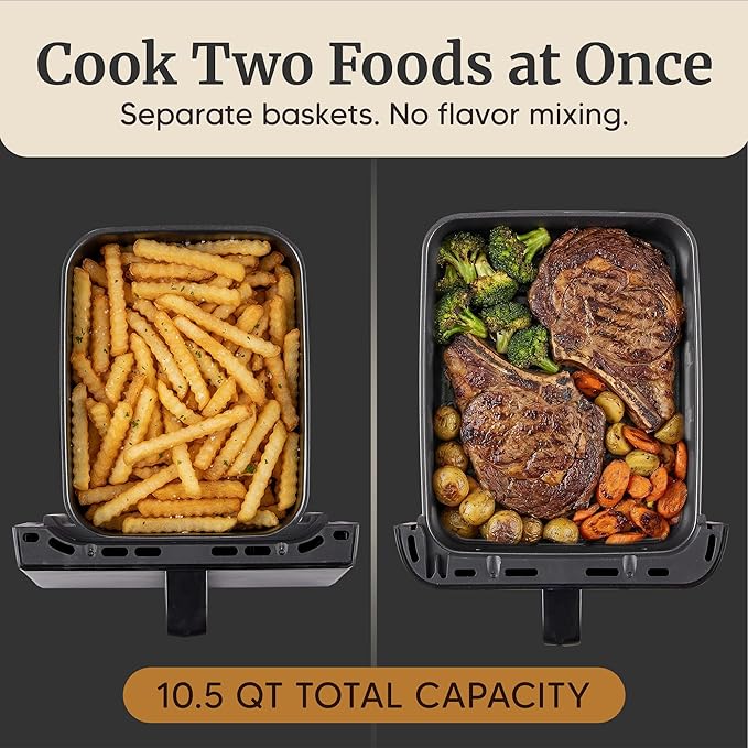 Elite Gourmet Dual Stacked Air Fryer, 10.5 Qt Total Capacity, PFAS-Free Nonstick Baskets, Sync Cook & Sync Finish, 10 Presets, 1700W, Black