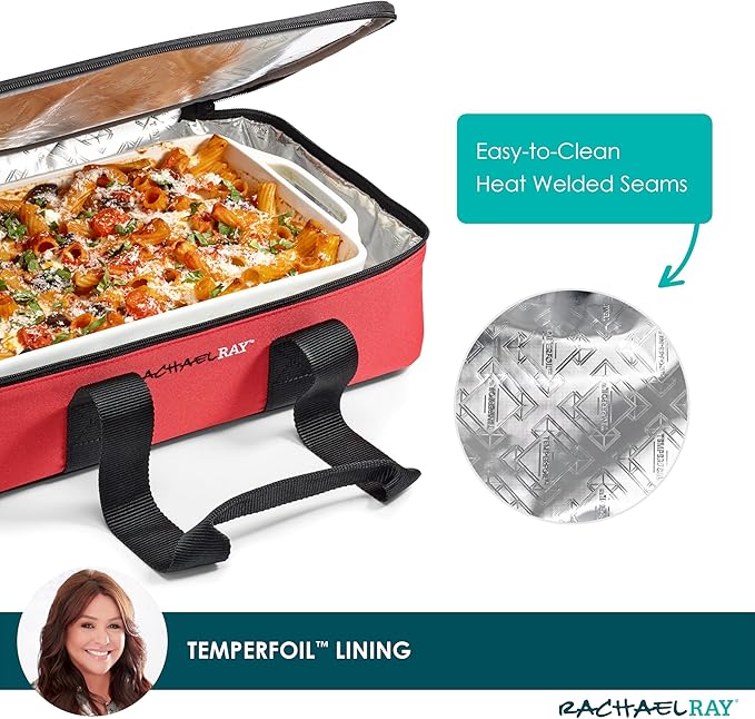 Rachael Ray Lugger Duo, Insulated Casserole Carrier for Hot or Cold Food, Thermal Lasanga Lugger Tote for Potluck, Parties, Picnic, and Cookouts, Fits 9" x 13" Baking Dish, Red Buffalo