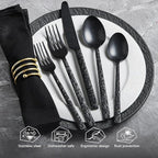 KINGSTONE 20 Pcs Black Hammered Silverware Set for 4, 18/10 Stainless Steel Heavy Duty Flatware Set, Tableware Cutlery Utensil Sets for Home Restaurant Dishwasher Safe