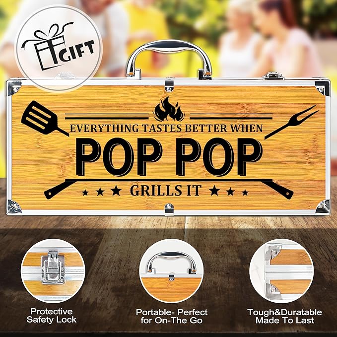 Poppop Gifts from Grandkids, Pop Pop Christmas Grilling Gift Heavy Duty Wooden BBQ Grilling Accessories Kit, Thick Stainless Steel Grill Utensils with Non-Slip Handle Tools in Portable Bag