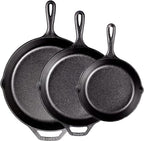 Lodge Seasoned Cast Iron Skillet Set - PFAS-Free, Non-Toxic Cookware - Use with an Oven, Stove, Grill, or Campfire - Naturally Non-Stick & Oven Safe - 8, 10.25 & 12 Inches