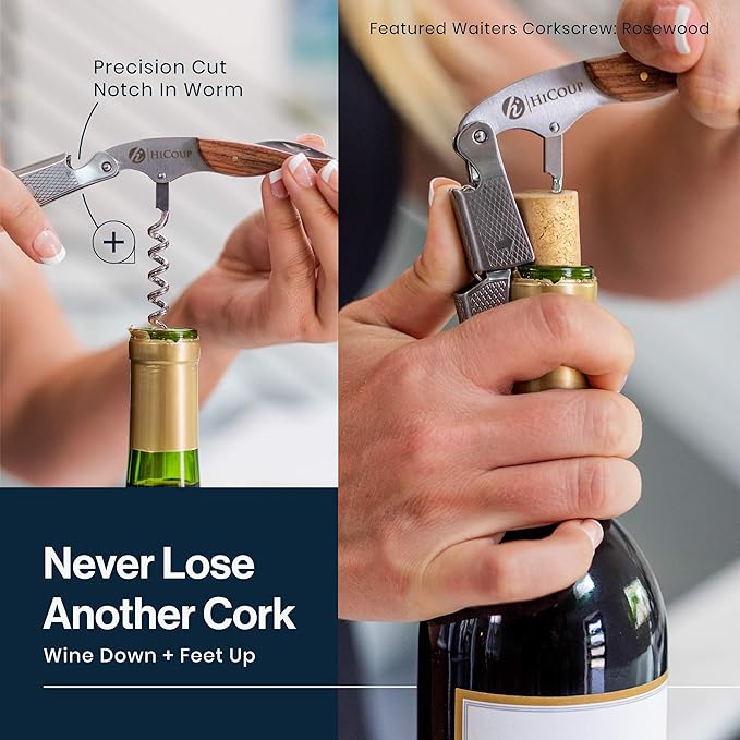 Hicoup Wine Opener - Professional Corkscrews for Wine Bottles w/Foil Cutter and Cap Remover - Manual Wine Key for Servers, Waiters, Bartenders and Home Use - Ebony Wood