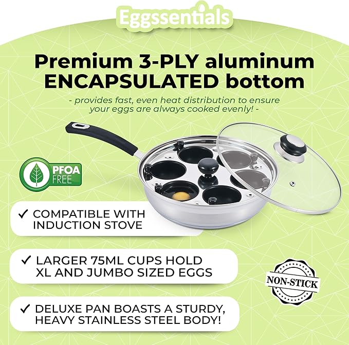 Eggssentials Poached Egg Maker Stainless Steel Egg Poacher Pan Food Grade Safe PFOA Free with Spatula