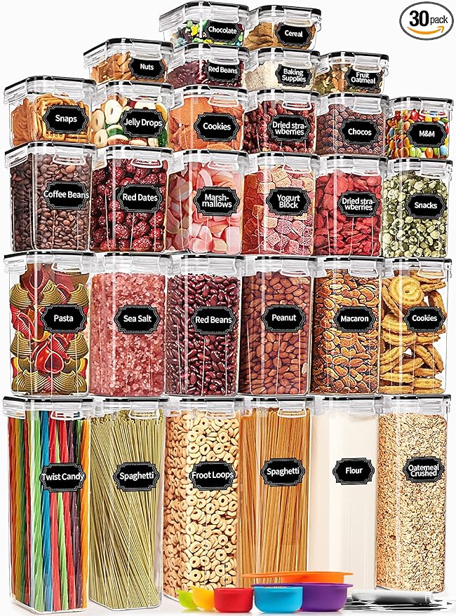 PRAKI 30 Pack Airtight Food Storage Containers for Kitchen Pantry Organizers and Storage, Plastic Kitchen Storage Canisters with Lids,Cereal, Flour & Sugar Containers - Labels, 6 Spoon & Marker