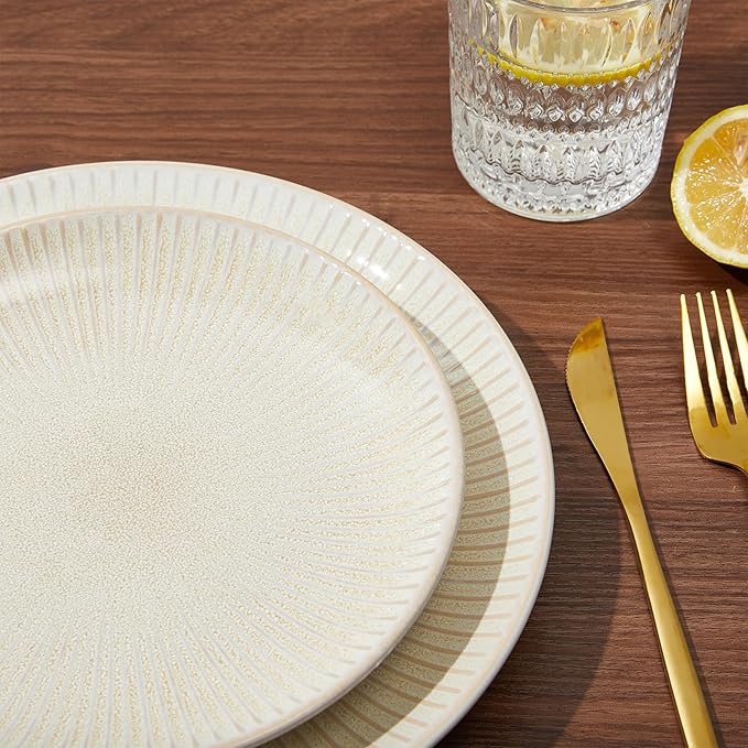 Pokini Ceramic Dinnerware Sets for 4, 12 Pieces Embossed Stoneware Plates and Bowls Sets, Scratch Resistant Dish Sets, Distinctive Granulated Surface, Housewarming Wedding Gift, Brown