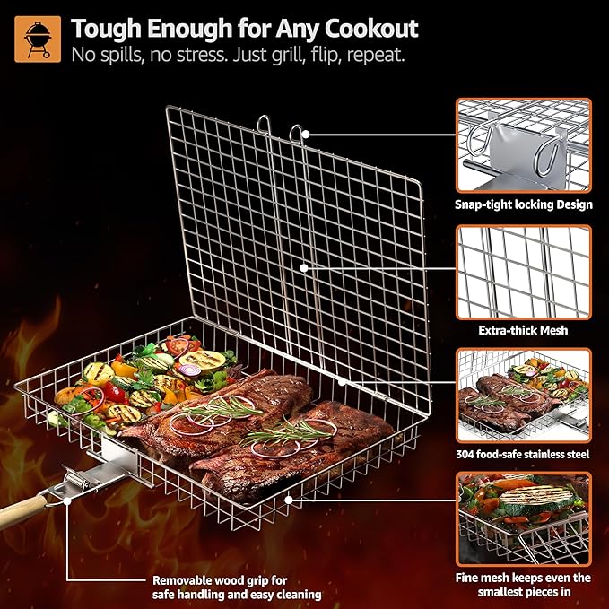 Sorbus Grill Basket - Stainless Steel Large Folding Barbecue Grilling Basket with Handle, Portable BBQ Accessories for Fish, Shrimp, Vegetables, Grilling Accessories, Gifts for Outdoor Cooking Camping (1 Pack)