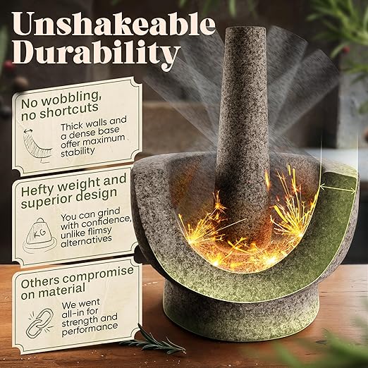ChefSofi Mortar and Pestle Set - Black Polished Exterior - 6 inch - 2 Cup Capacity