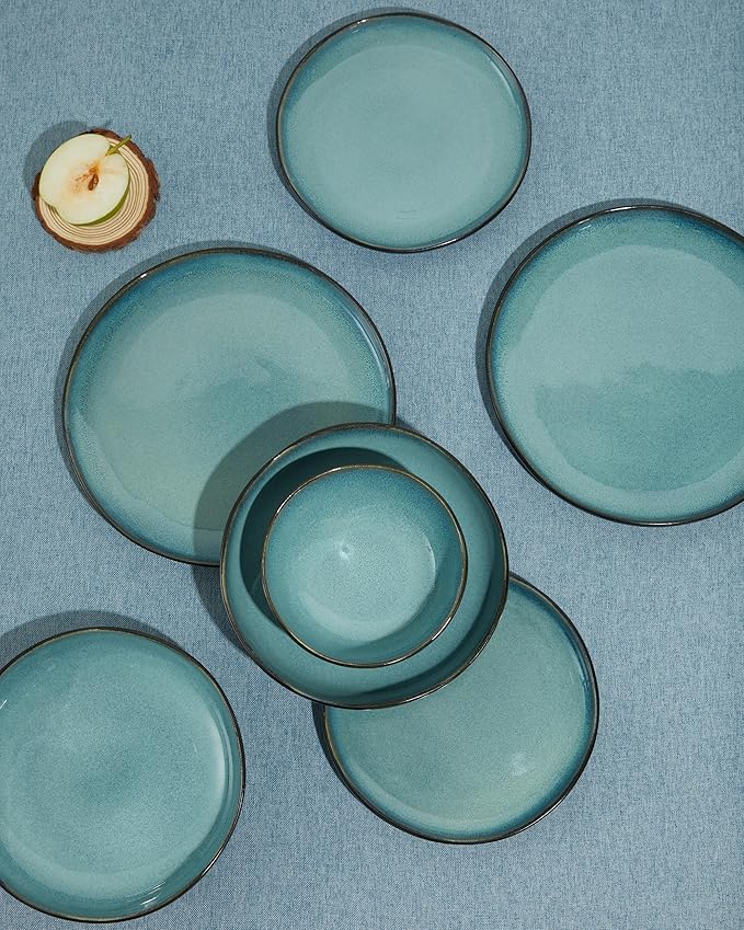 Pokini Stoneware Dinnerware Sets, Kitchen Plates and Bowls Set, Ceramic Dish Set for 4, Modern Chip & Scratch Resistant Dishware Sets, Durable Reactive Glaze Dinner Set, Green Black