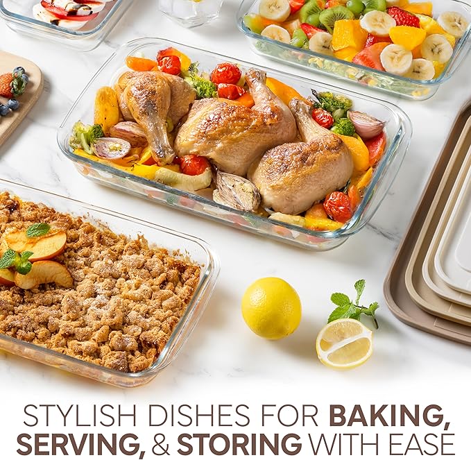 COOK WITH COLOR 8 PC. Glass Baking Dish Set with Lids - Deep Casserole Dish, Glass Food Container, Oven, Freezer and Microwave Safe, Clear Container, Brown