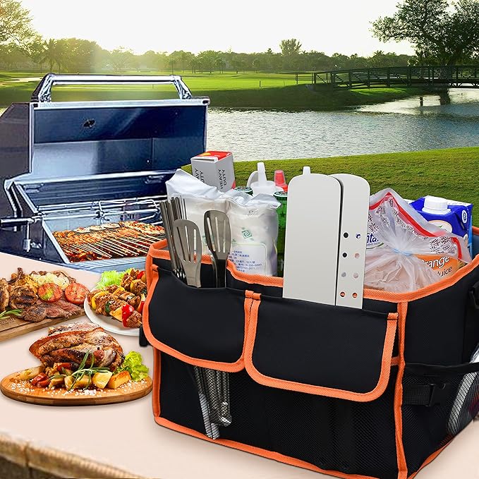 Large Grill Caddy with Paper Towel Holder - BBQ Caddy Organizer for Utensil, Condiment - Easy Carry Picnic Caddy - Griddle Caddy for Camping, Travel, RV - 600D Waterproof Oxford Fabric